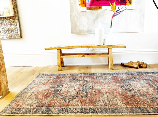 Distressed Vintage Cezanne Terracotta Blue Washable Runner - VITAL 1610-01
