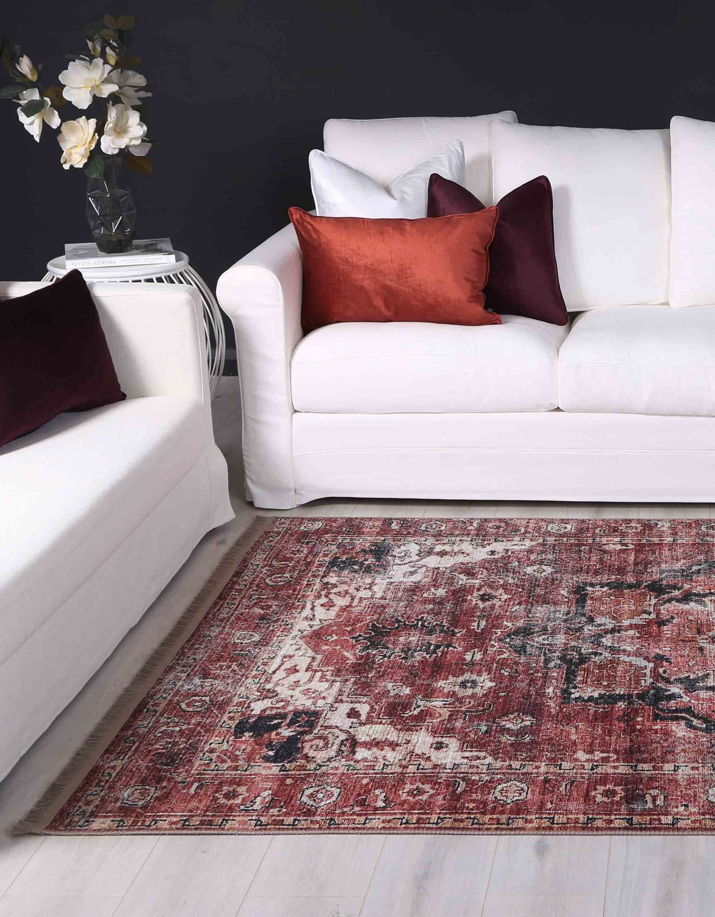Distressed Vintage Cezanne Terracotta Area Rug - VITAL 2244-01 (with fringe)