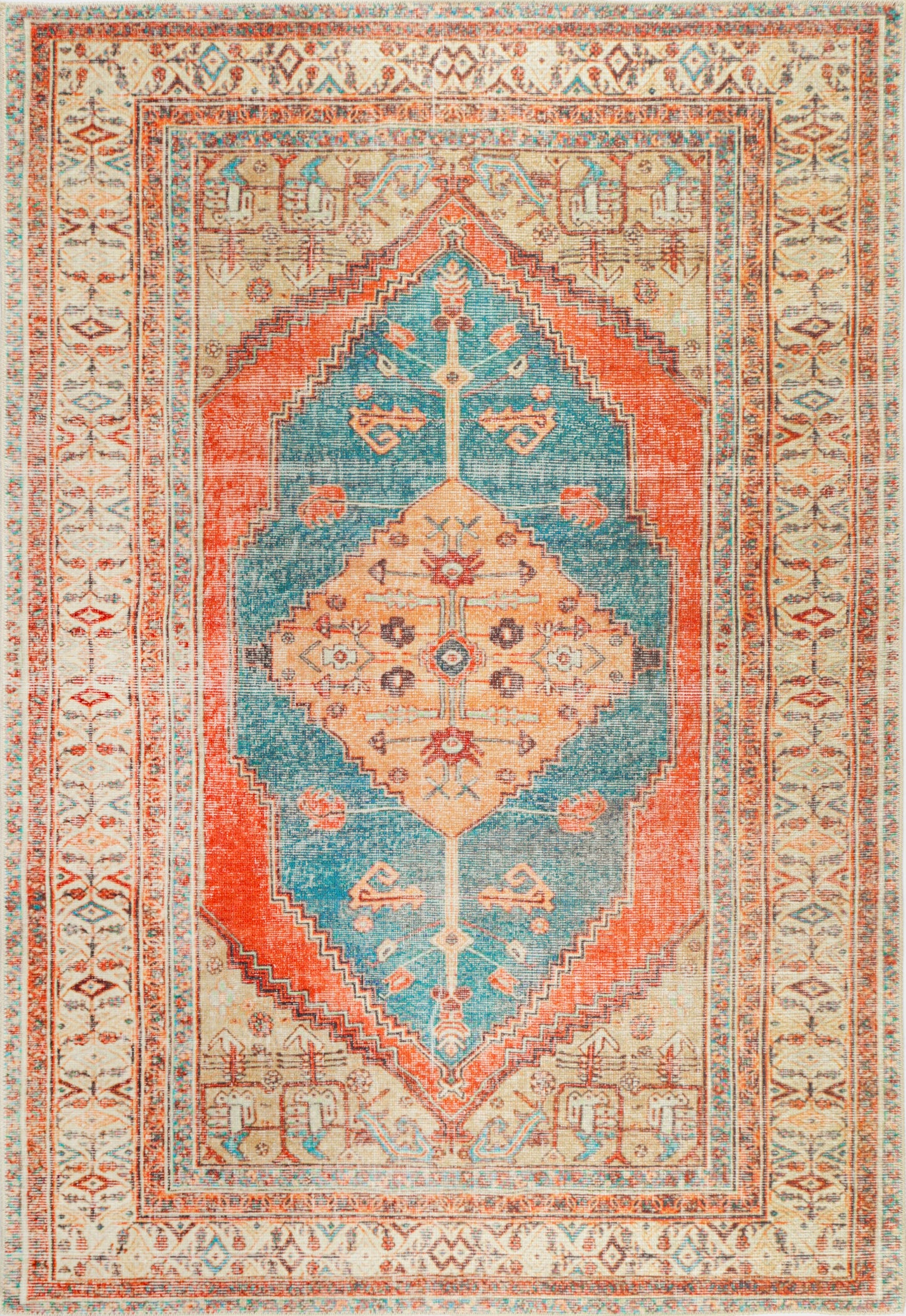 Distressed Louvre Rustic Blue Washable Rug - VITAL 3181-00