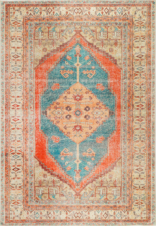Distressed Louvre Rustic Blue Washable Rug - VITAL 3181-00