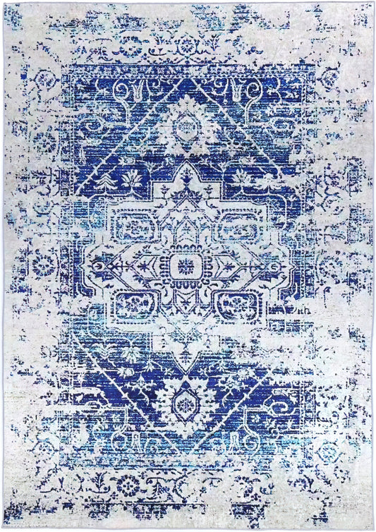 Angelic Distressed Navy White Traditional Non-Slip Rug - ANGE09