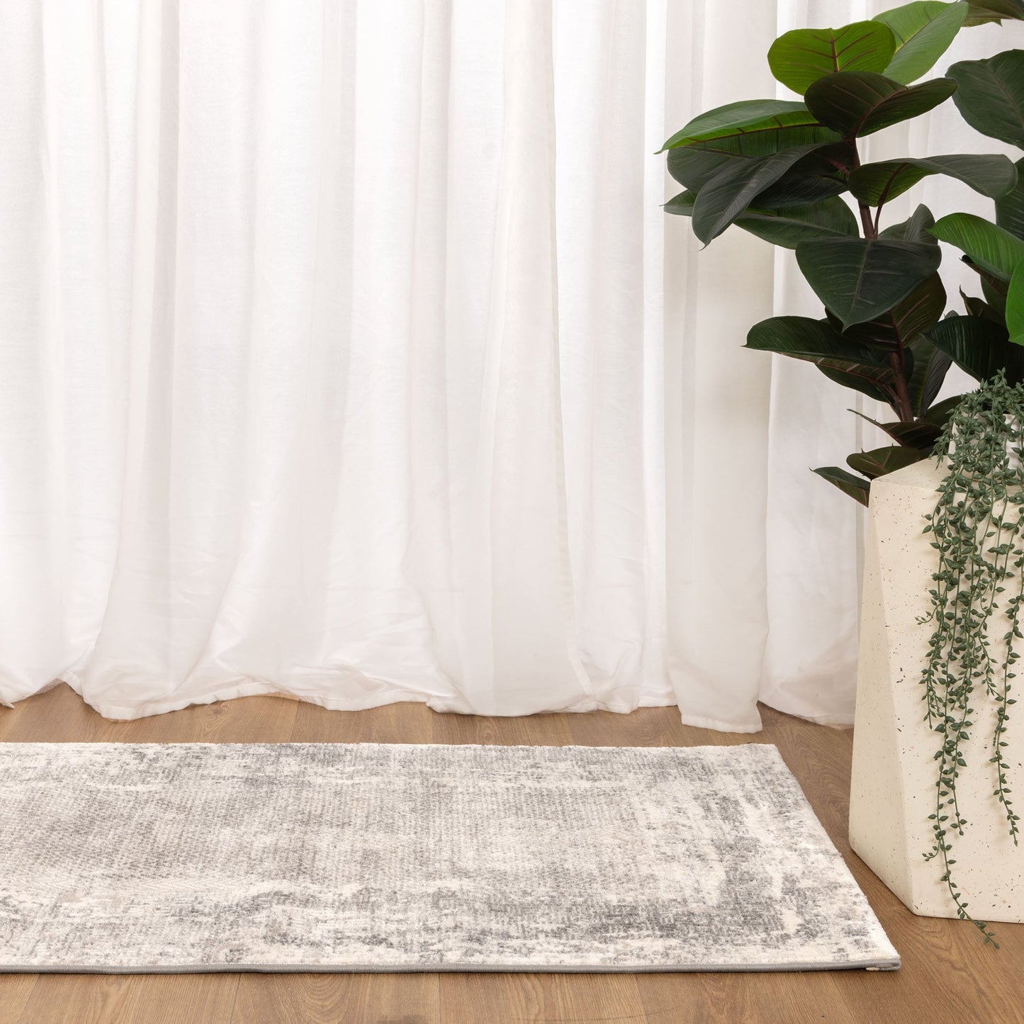 Atina Distressed Border Beige Grey Rug - AT04
