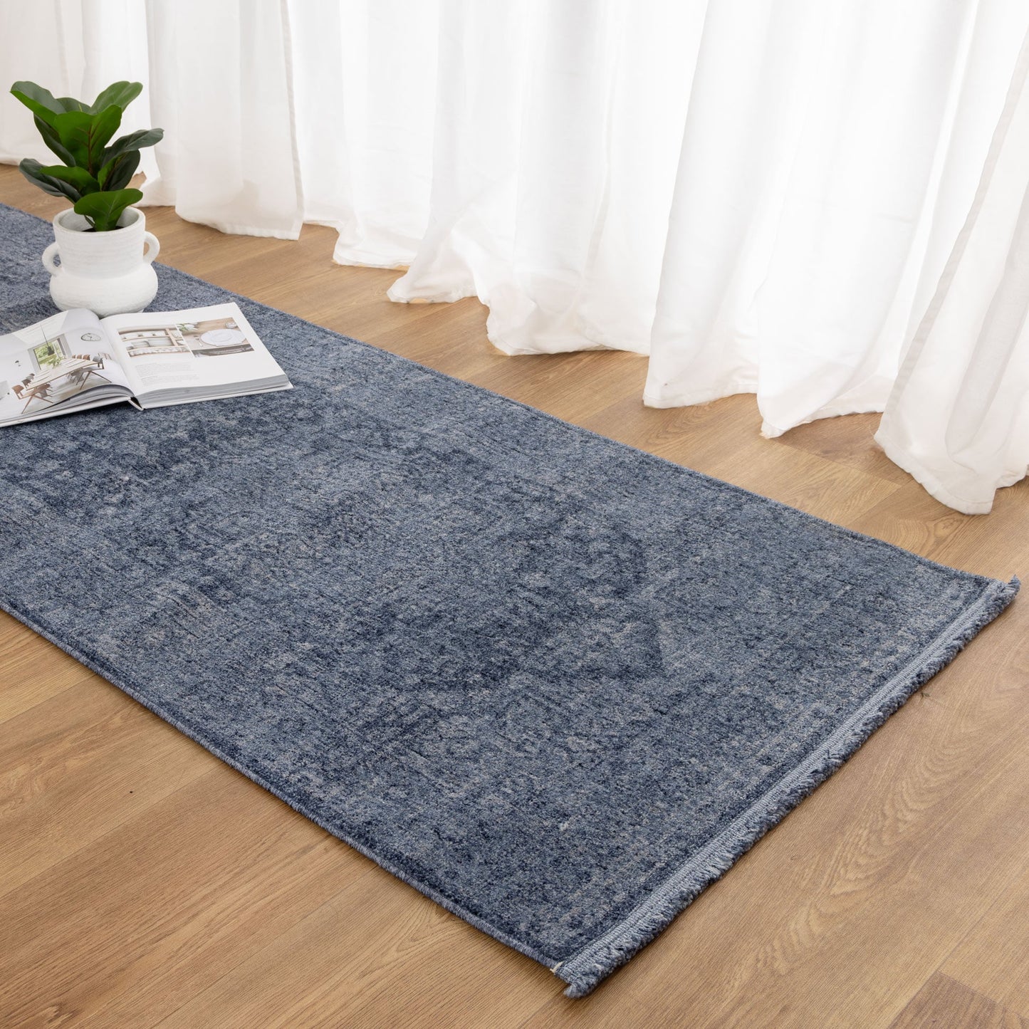 Heritage Distressed Medallion Blue Runner - H104: (Different Tassel)