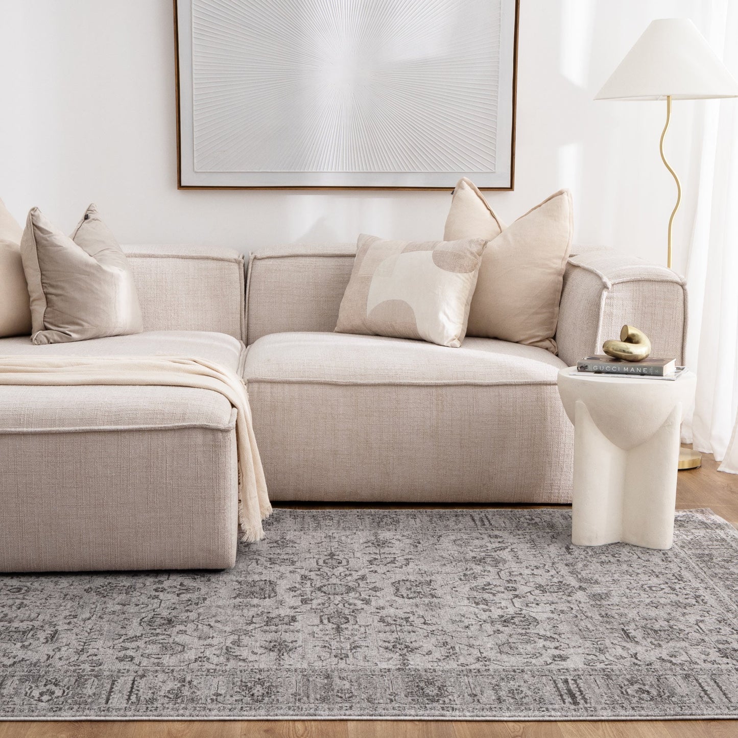 Heritage Distressed Border Grey Rug - H108: (Different Tassel)
