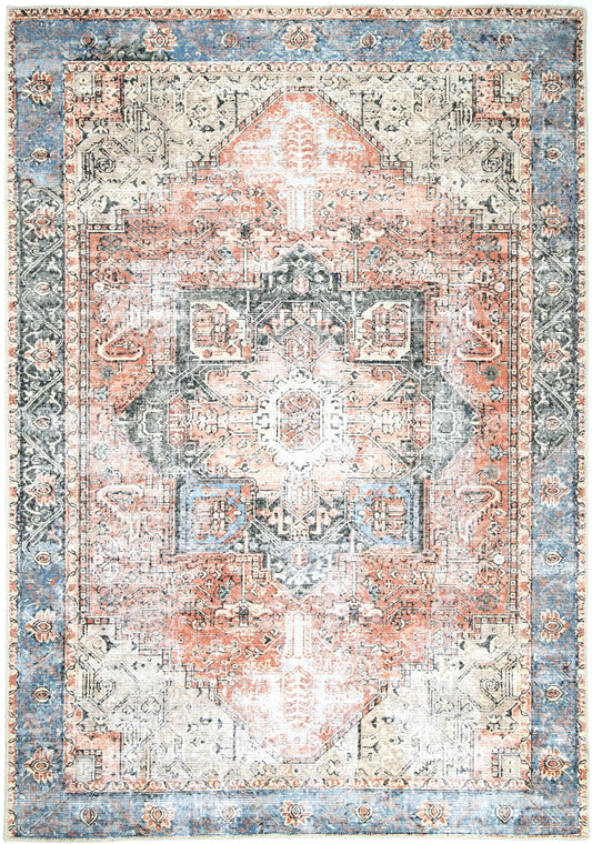 Distressed Vintage Cezanne Terracotta Blue Washable Rug - VITAL 1610-01