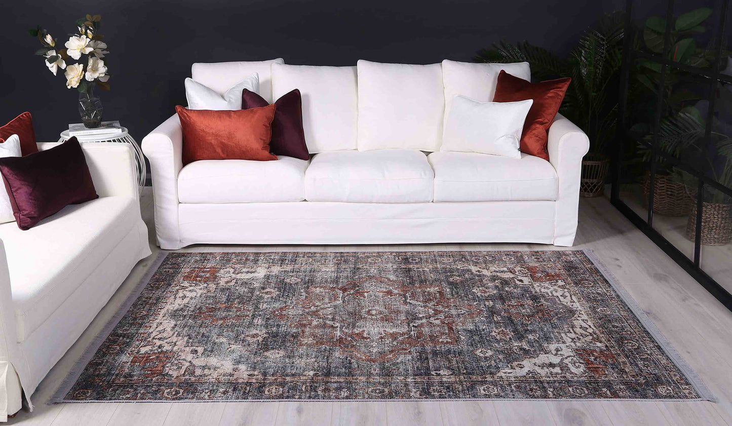 Distressed Vintage Cezanne Rabbit Gray Inca Gold Area Rug - VITAL 2244-04 (with fringe)