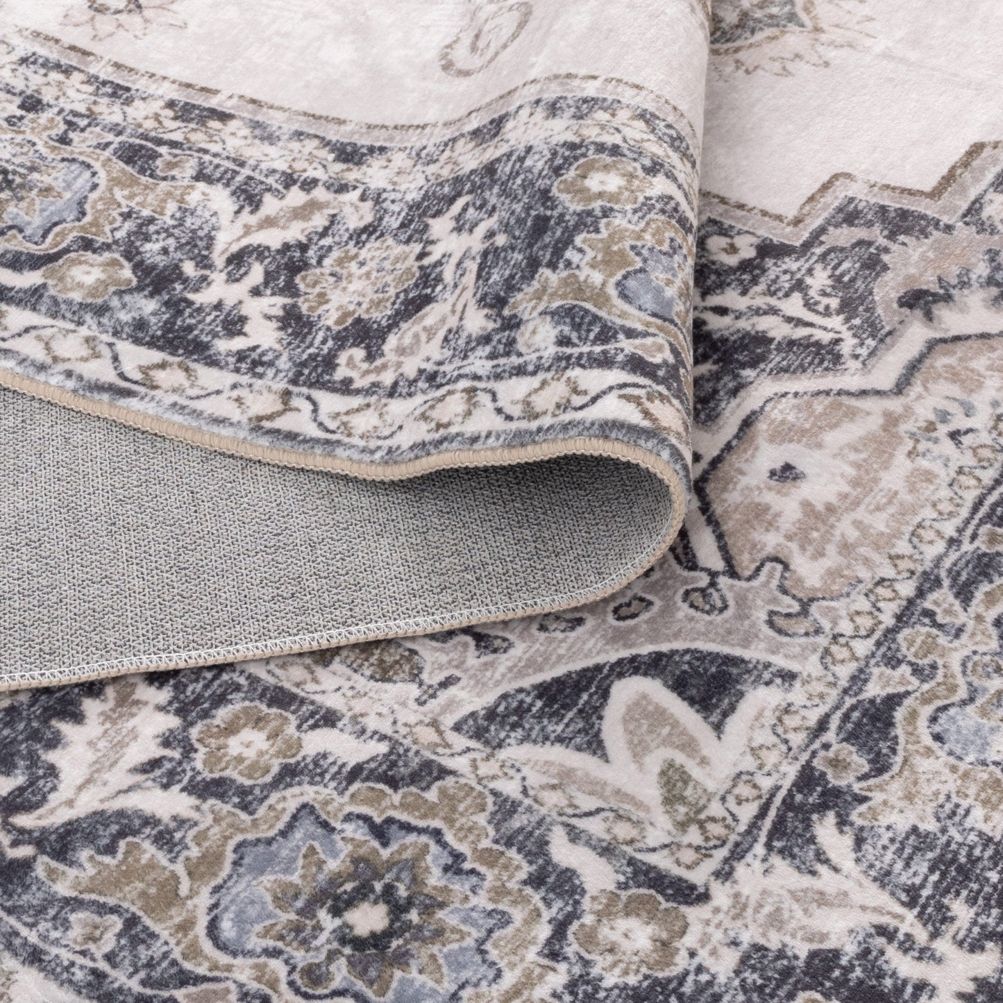Washwell Beige Grey Machine Washable Rug - WASH004