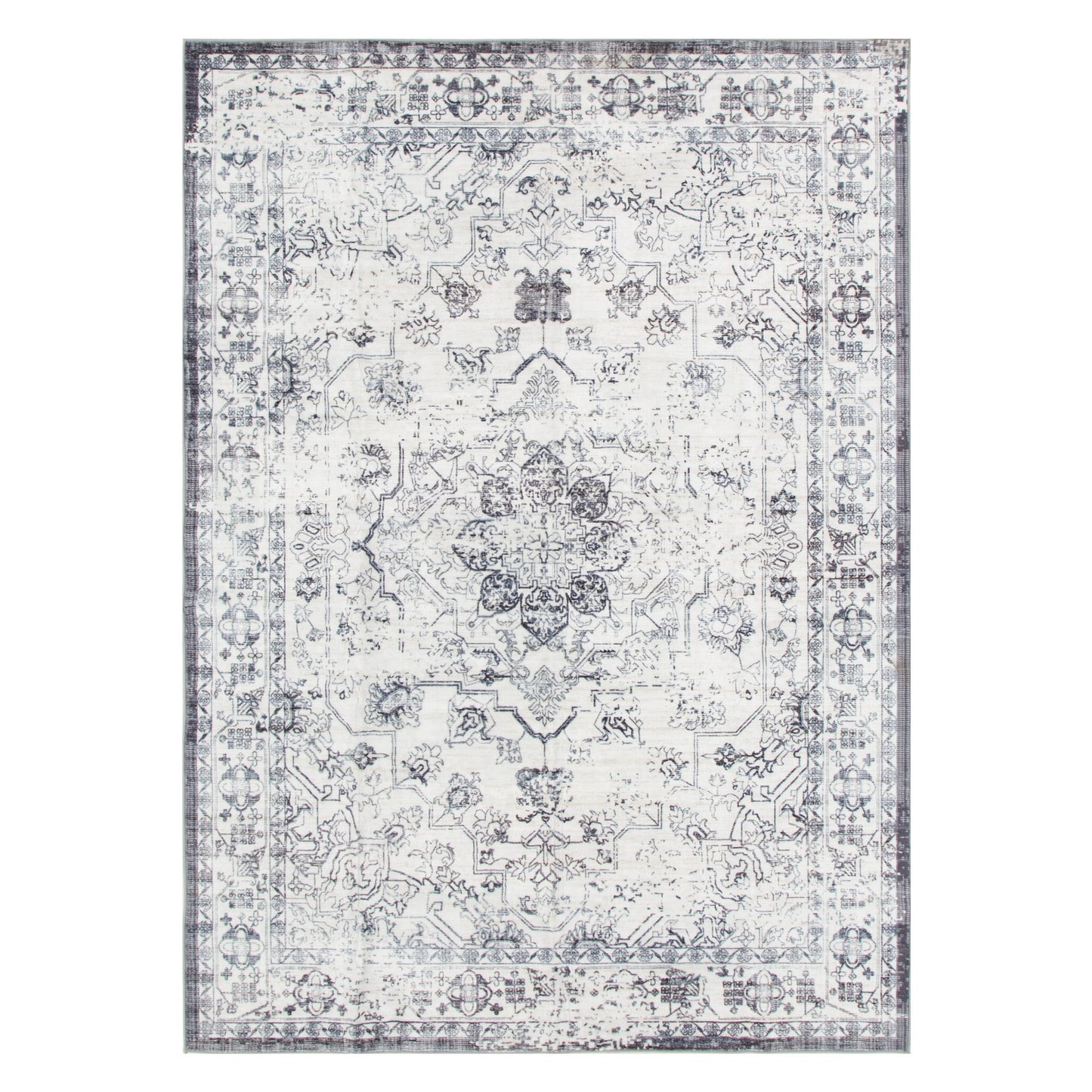 Washwell Blue Distressed Medallion Machine Washable Rug - WASH007